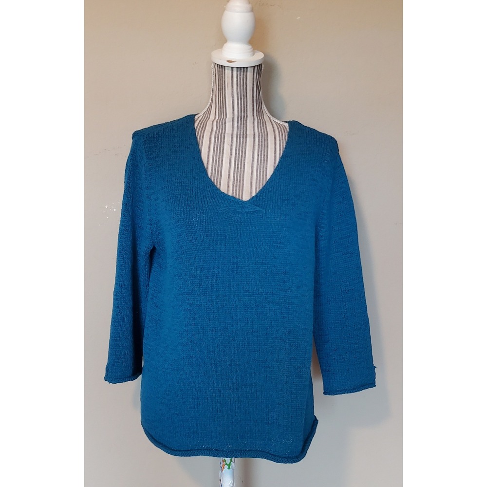 J. Jill Blue Cotton Blend V-Neck 3/4 Sleeve Textured Knit Sweater Size M